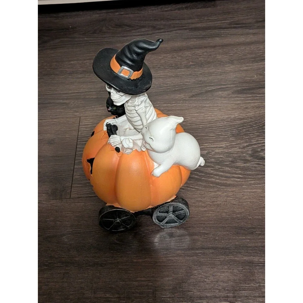 Halloween Resin Figurine Skeleton Witch Hat Pumpkin w/ Black Cat & Ghost Painted